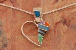 Calvin Begay Fire and Ice Opal Sterling Silver Open Heart Pendant